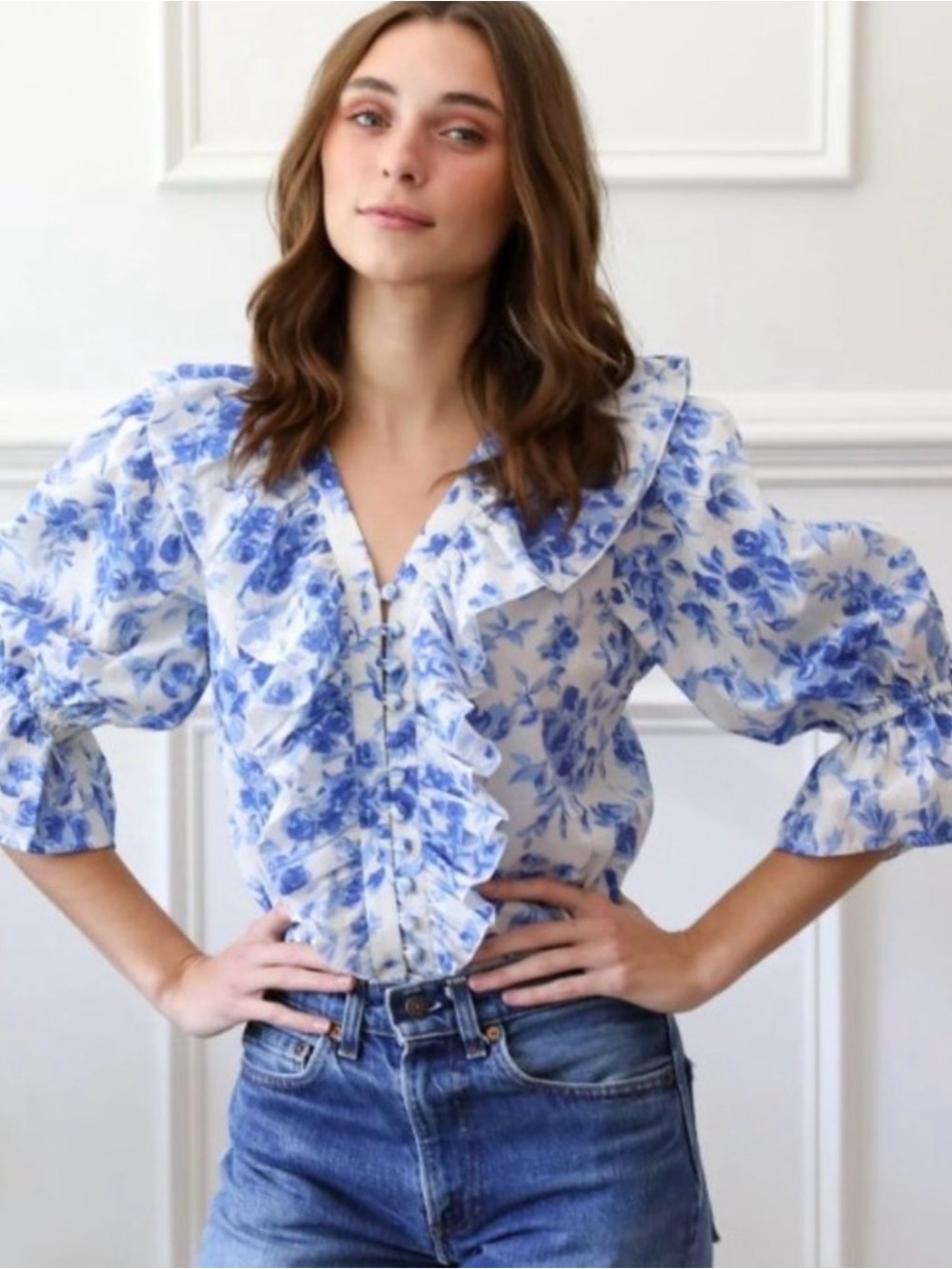 Mille Resort Hanna Cotton Blue Floral Ruffle V-Neck Women's Blouse Sz S